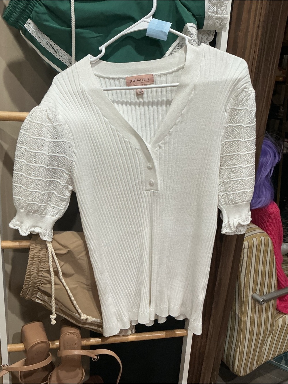 Philosophy Cream Ribbed Knit Puff-Sleeve Henley Top
